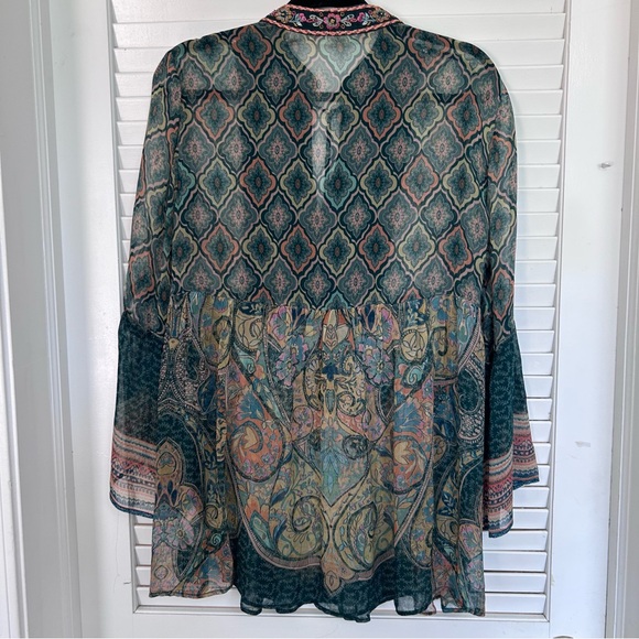 Soft Surroundings Boho Empire Waist Tassel Blouse Green Beaded Pink Flowey Med - Picture 5 of 9